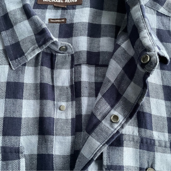 Michael Kors 100% Linen Shirt XL Blue Tailored Fit Pocket Plaid Snap Western Y2K - Picture 8 of 11
